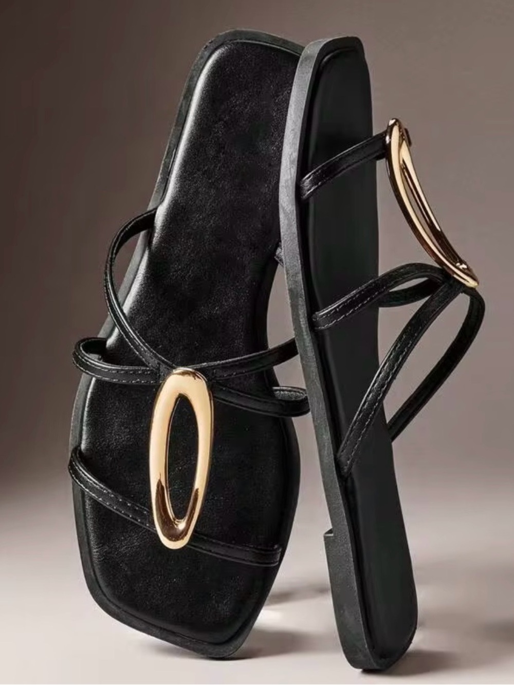 SHEIN Black Strappy Slide Sandals with Gold Accent